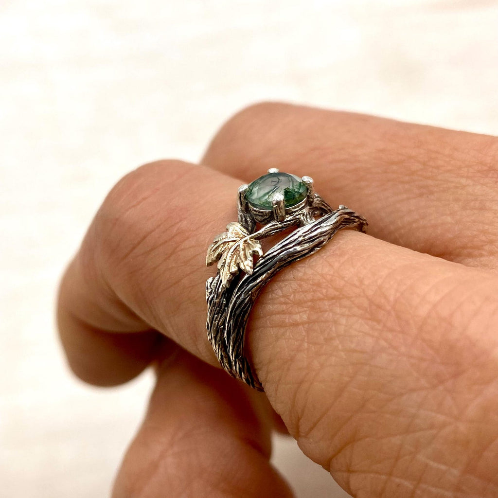 Moss Agate Sterling Silver Maple Leaf Ring Set