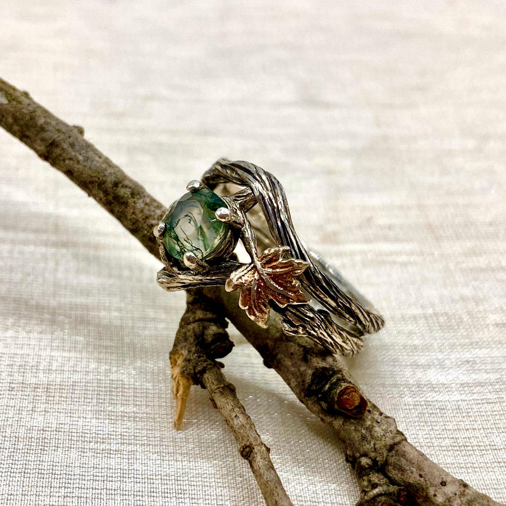 Moss Agate Sterling Silver Maple Leaf Ring Set