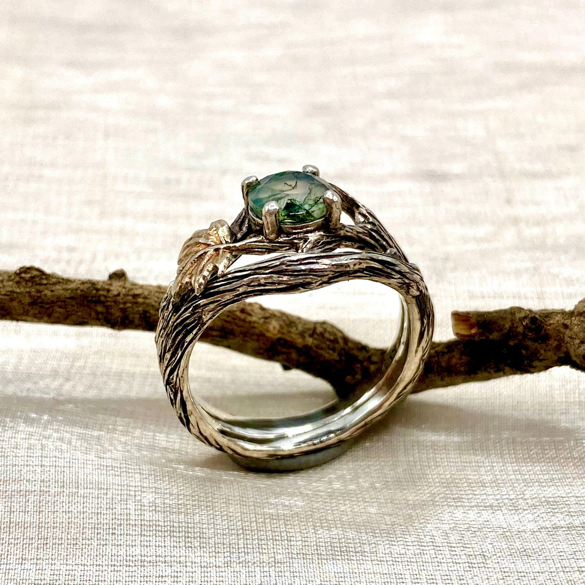 Moss Agate Sterling Silver Maple Leaf Ring Set