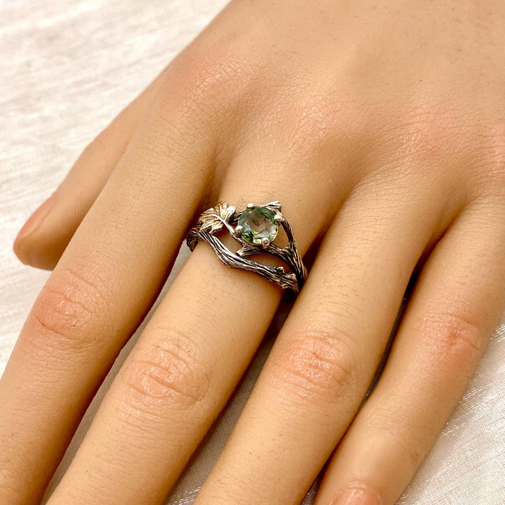 Moss Agate Sterling Silver Maple Leaf Ring Set
