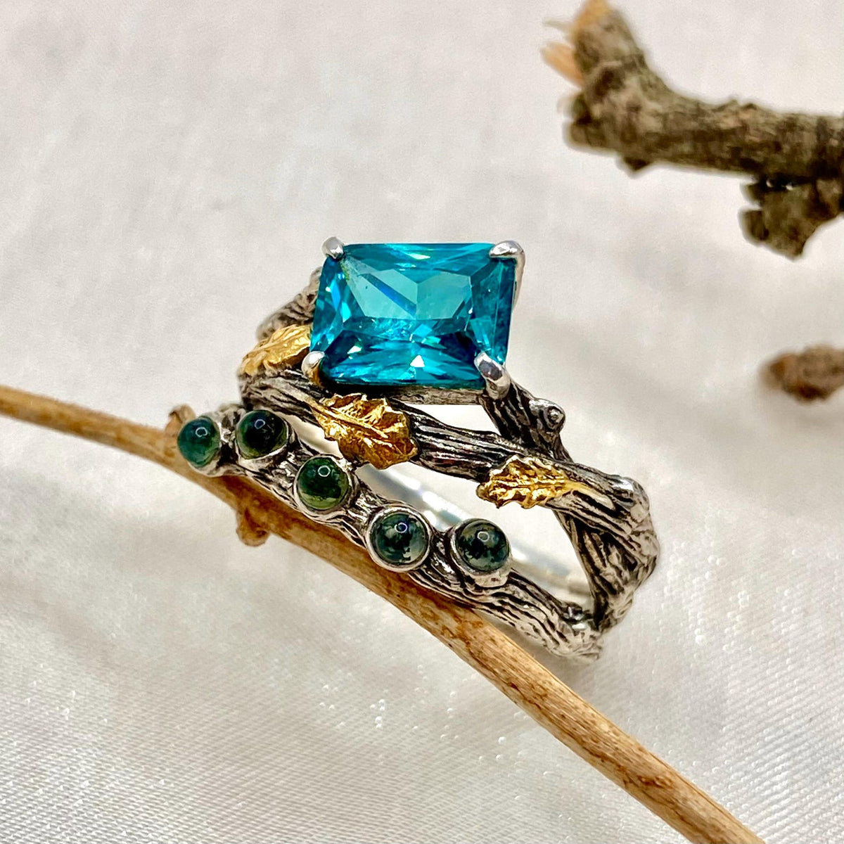Moss Agate Sterling Silver Oak Leaf Ring