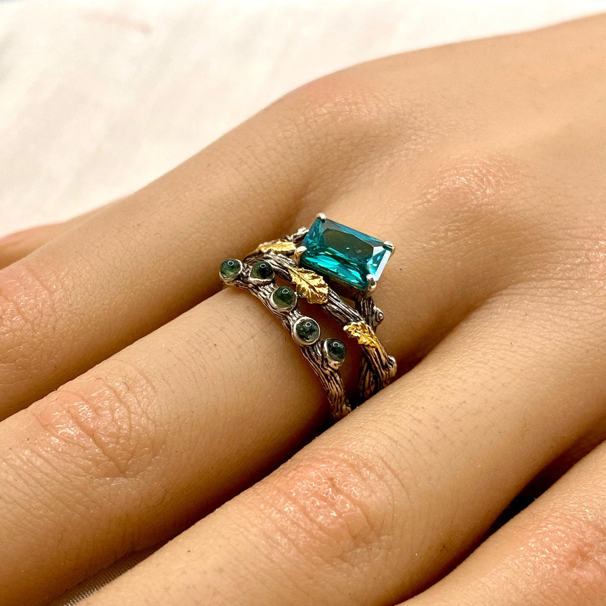 Moss Agate Sterling Silver Oak Leaf Ring