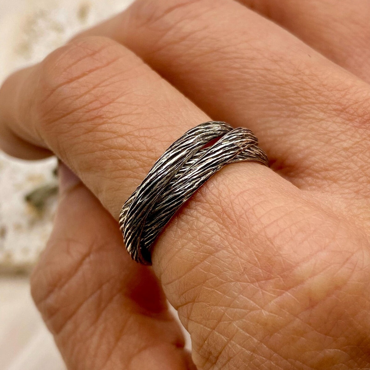 Moss Agate Sterling Silver Twig Ring Set