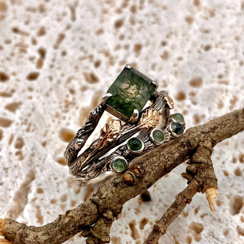 Moss Agate Sterling Silver Twig Ring Set