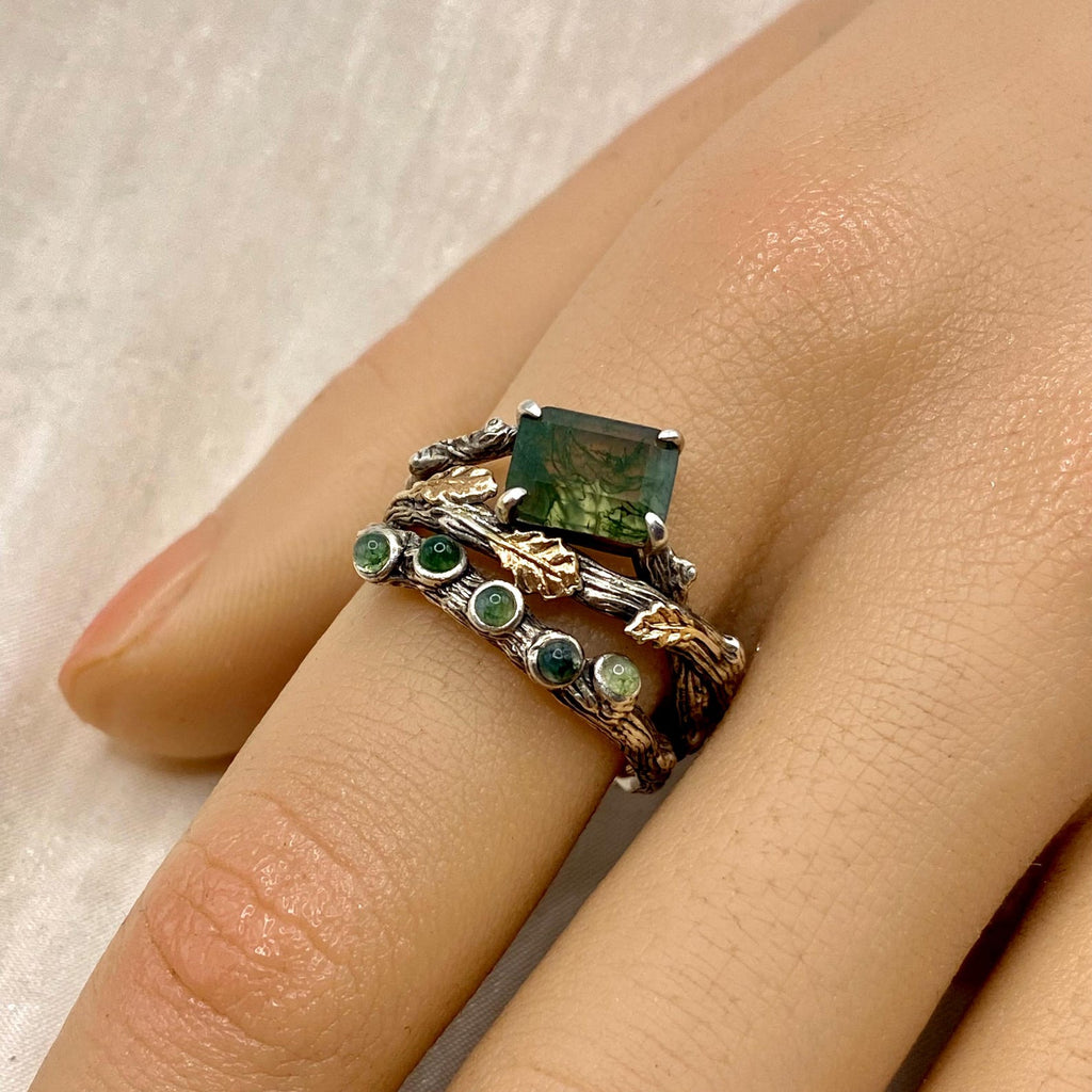 Moss Agate Sterling Silver Twig Ring Set
