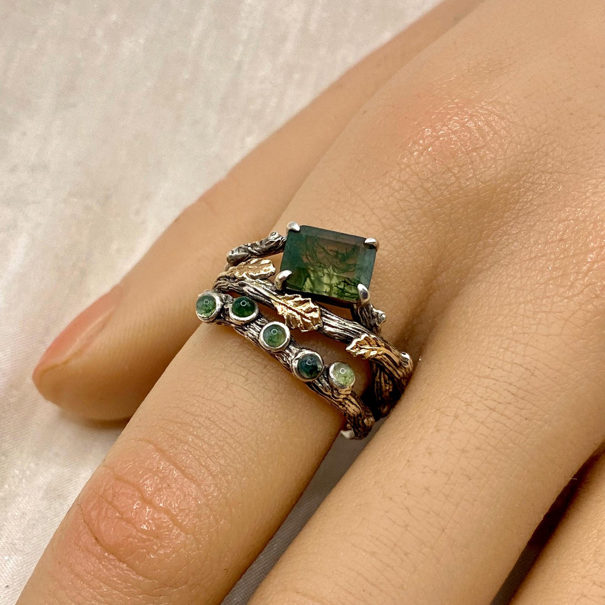 Moss Agate Sterling Silver Twig Ring Set