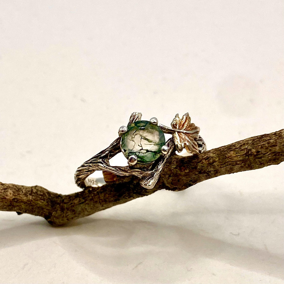 Moss Agate Sterling Silver Maple Leaf Ring Set