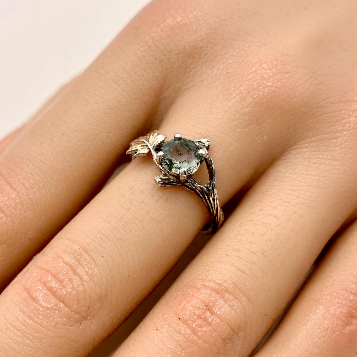 Moss Agate Sterling Silver Maple Leaf Ring Set