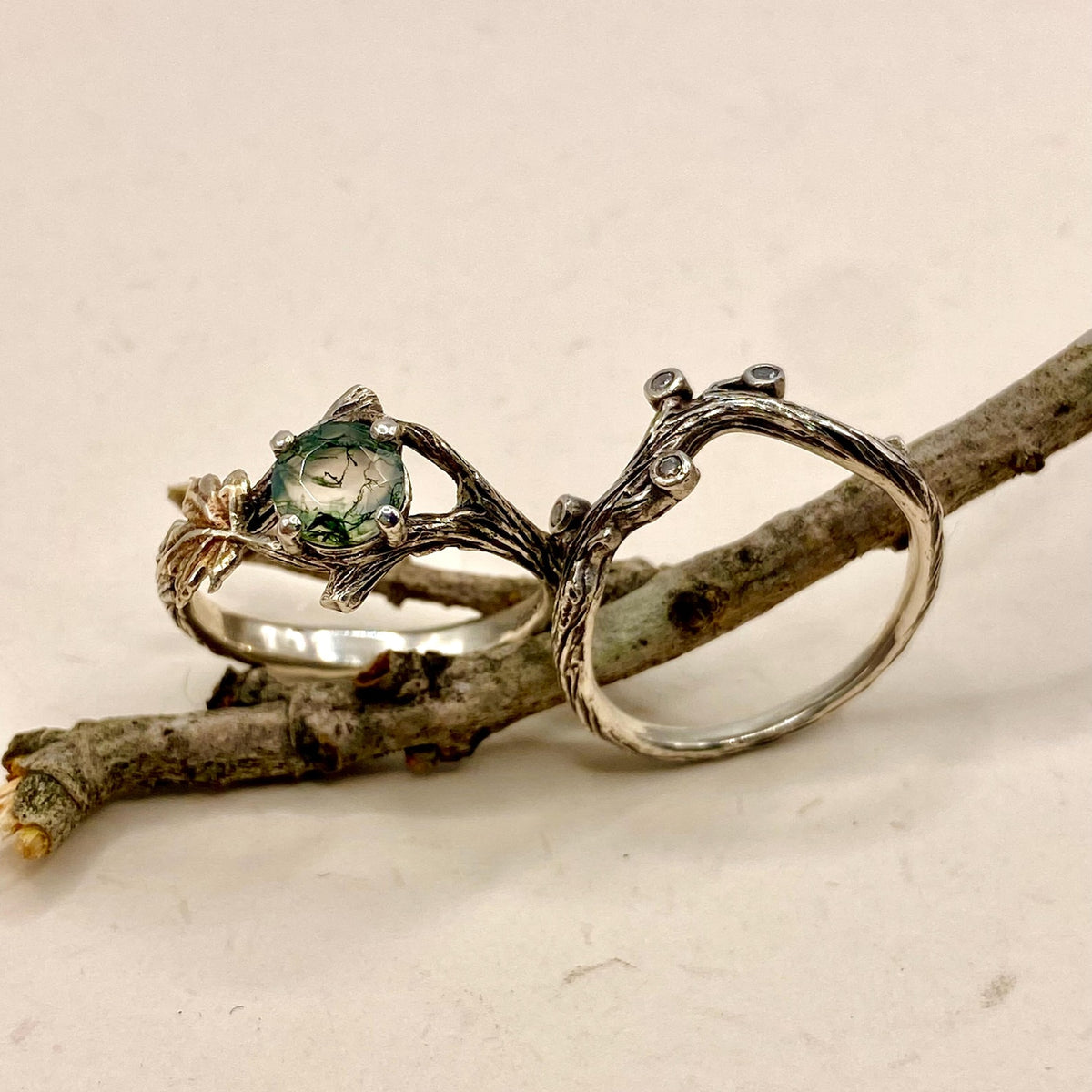 Moss Agate Sterling Silver Twig Ring Set