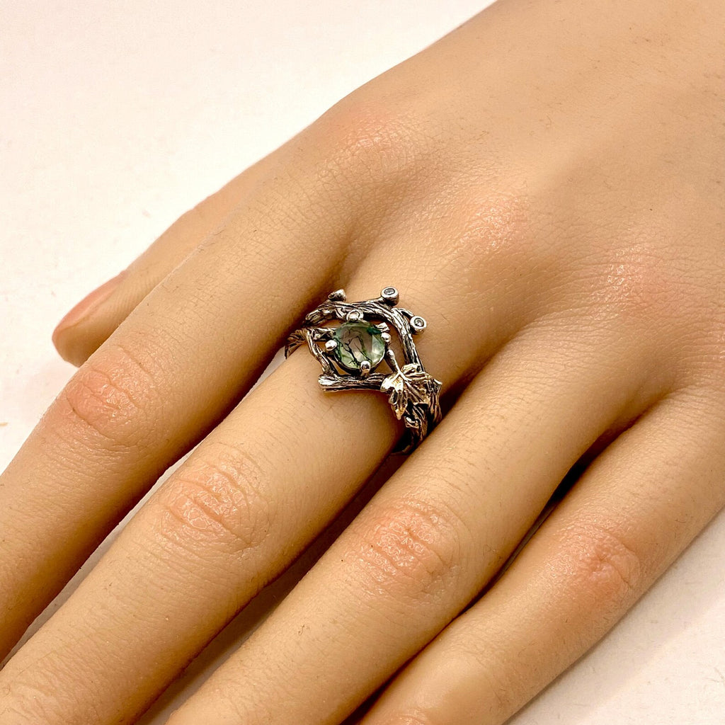 Moss Agate Sterling Silver Twig Ring Set