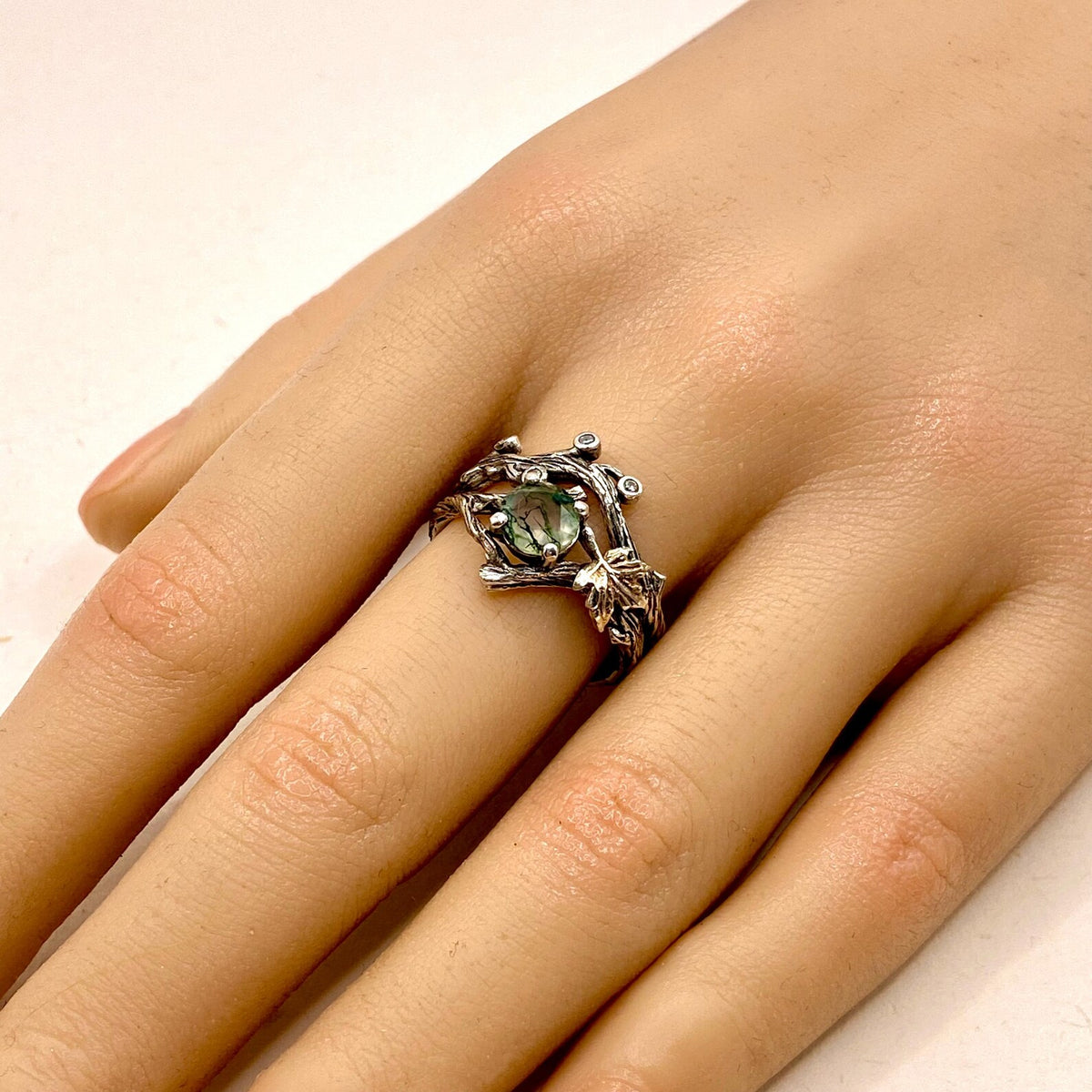 Moss Agate Sterling Silver Twig Ring Set