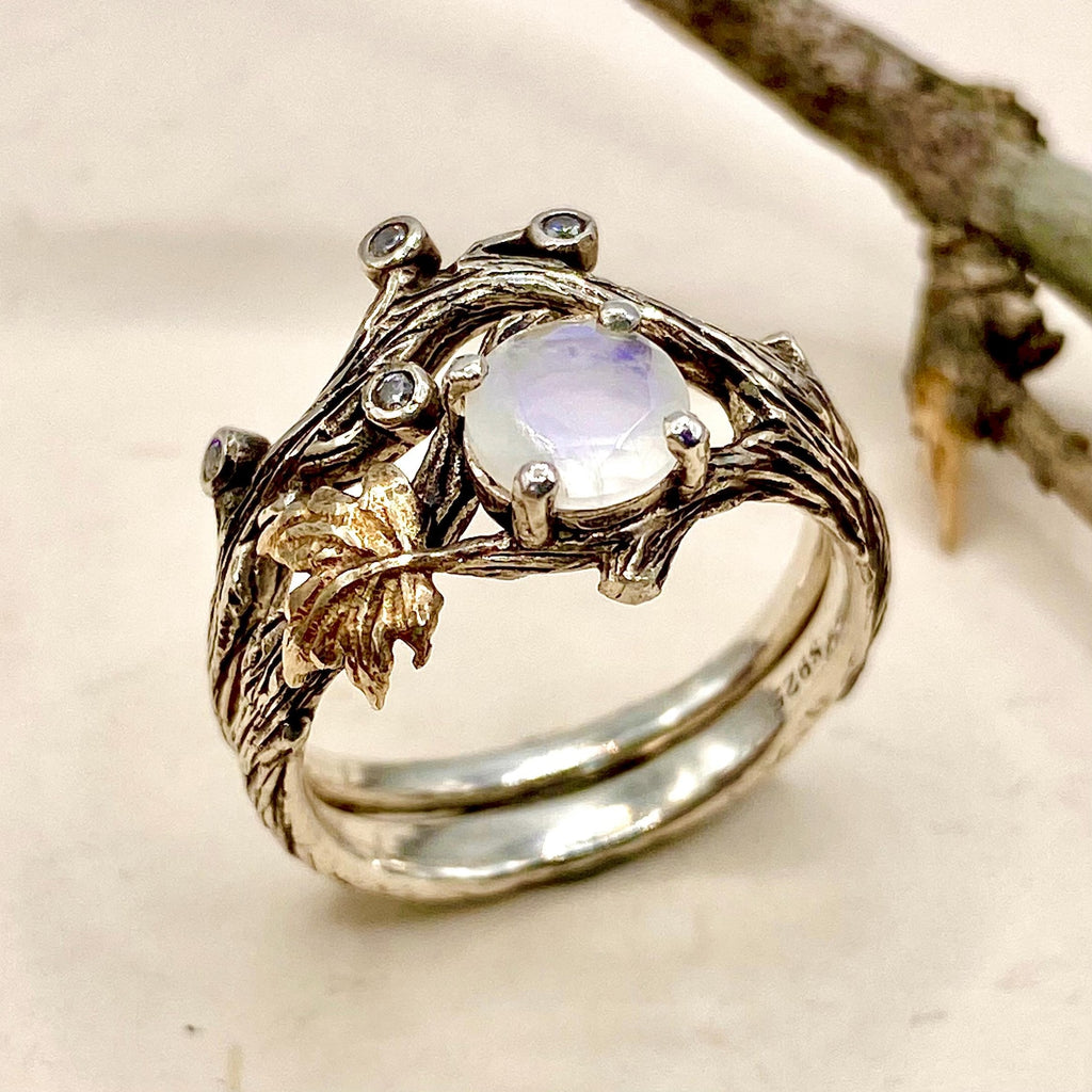 Moonstone Sterling Silver Maple Leaf Ring Set