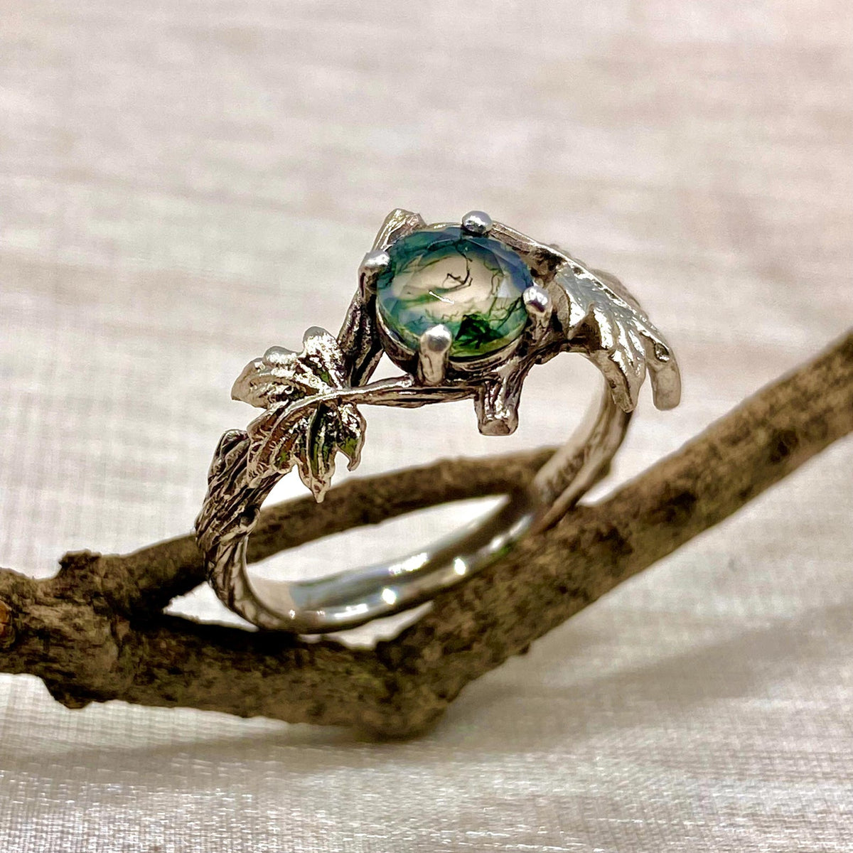 Moss Agate Sterling Silver Maple Leaf Ring