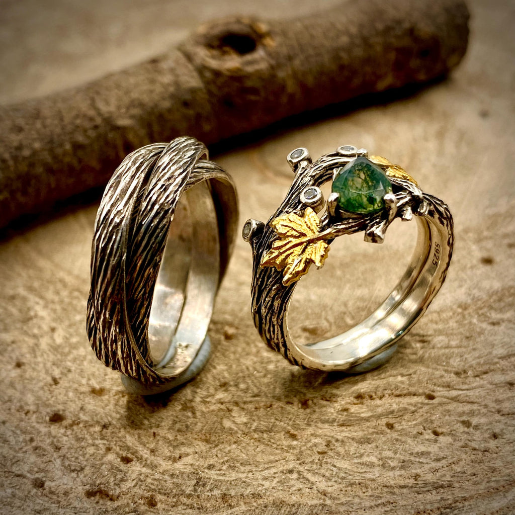 Moss Agate Sterling Silver Maple Leaf Ring Set