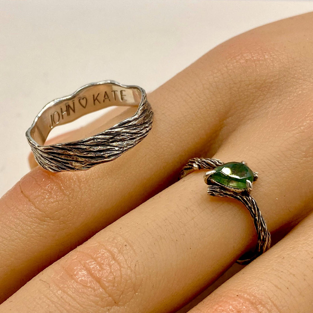 Moss Agate Fine Silver Twig Ring Set