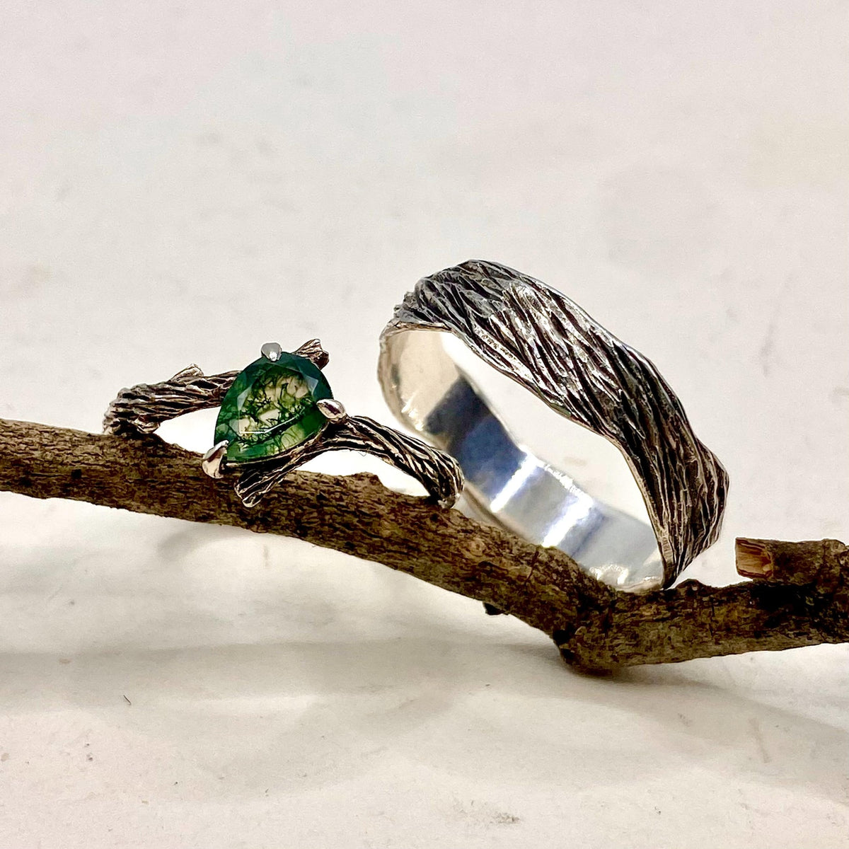 Moss Agate Fine Silver Twig Ring Set