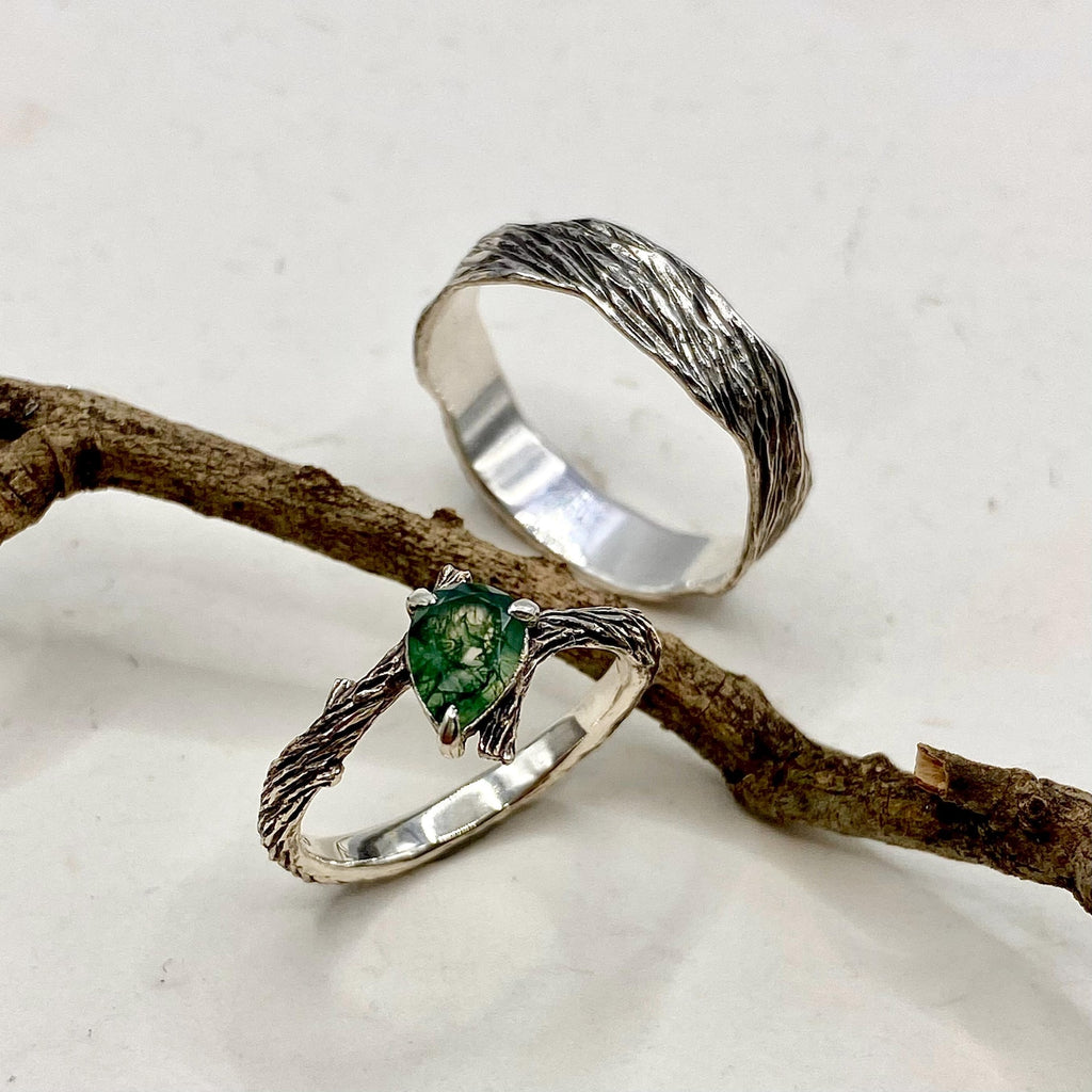 Moss Agate Fine Silver Twig Ring Set