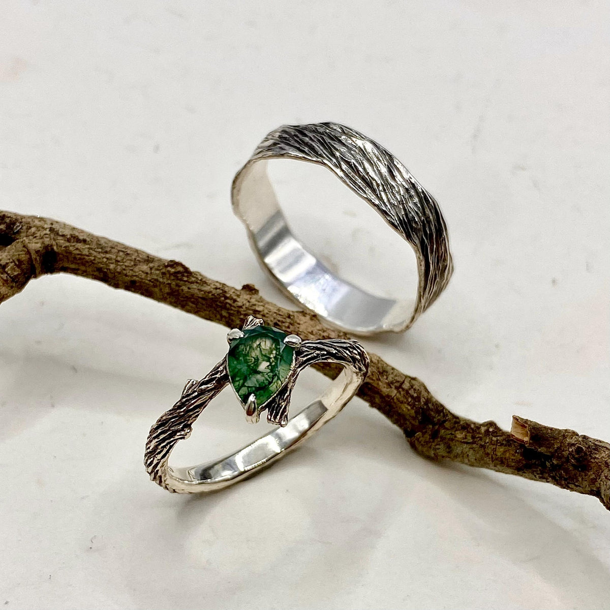 Moss Agate Fine Silver Twig Ring Set