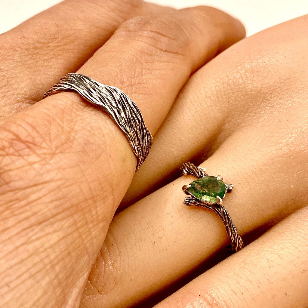 Moss Agate Fine Silver Twig Ring Set