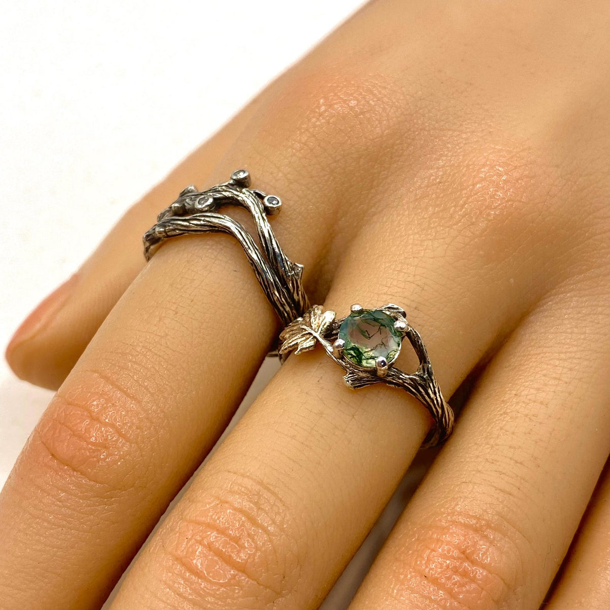 Moss Agate Sterling Silver Maple Leaf Ring Set