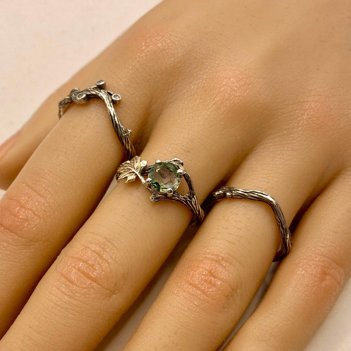 Moss Agate Sterling Silver Maple Leaf Ring Set
