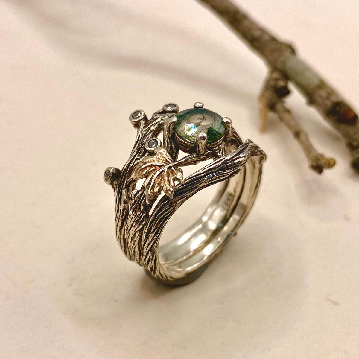 Moss Agate Sterling Silver Maple Leaf Ring Set