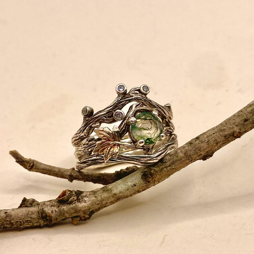 Moss Agate Sterling Silver Maple Leaf Ring Set