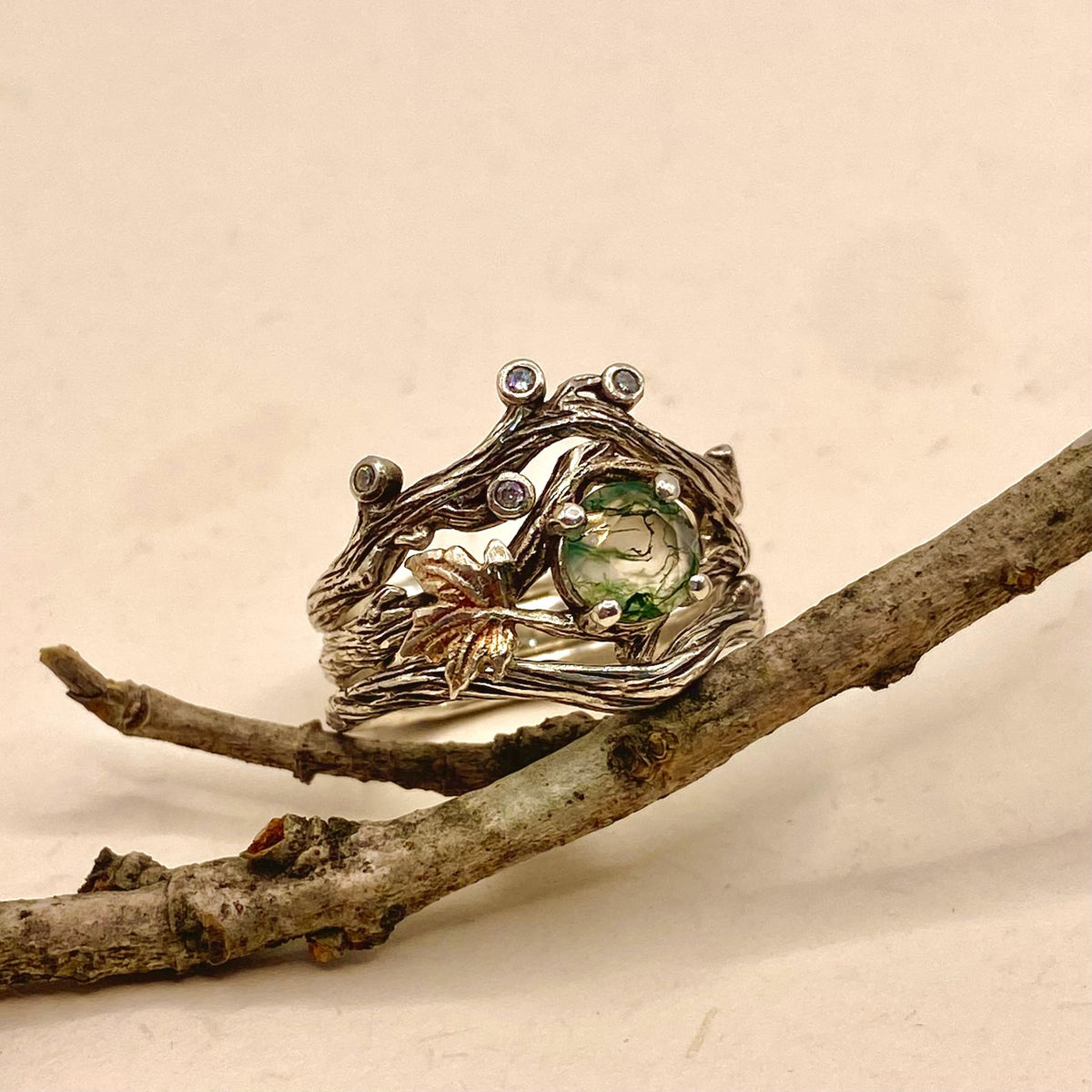 Moss Agate Sterling Silver Maple Leaf Ring Set