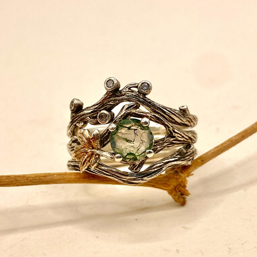 Moss Agate Sterling Silver Maple Leaf Ring Set