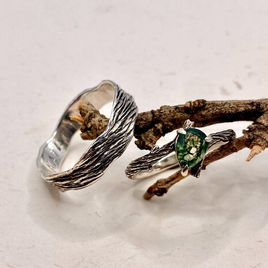 Moss Agate Fine Silver Twig Ring Set