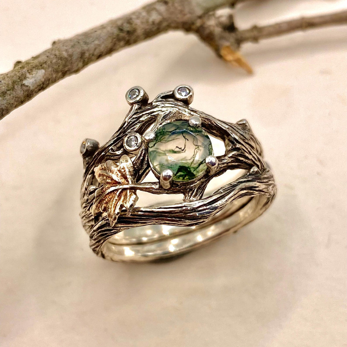Moss Agate Sterling Silver Maple Leaf Ring Set
