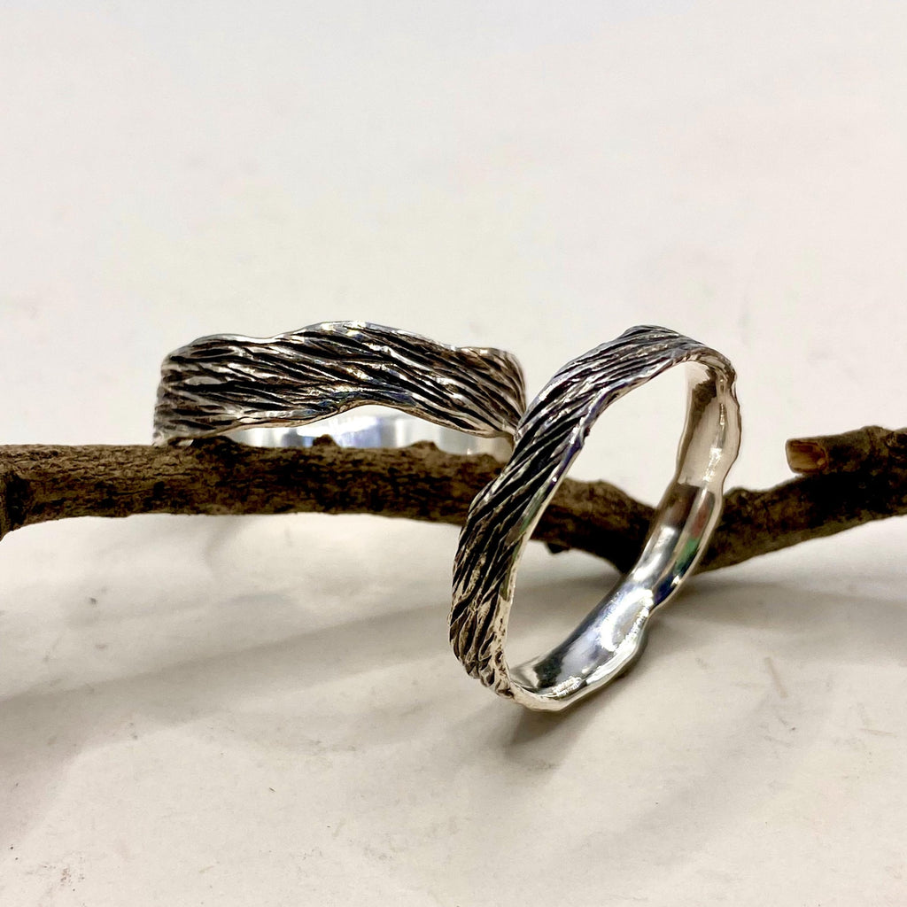 Fine Silver Tree Bark Ring Set