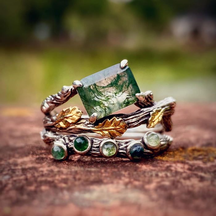 Moss Agate Sterling Silver Oak Leaf Ring