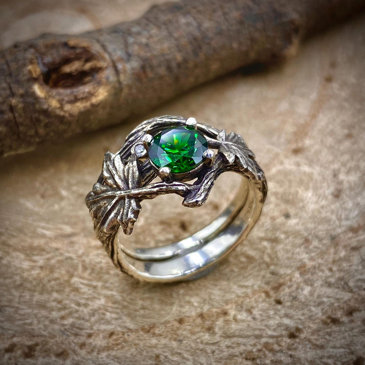 Emerald Sterling Silver Maple Leaf Ring