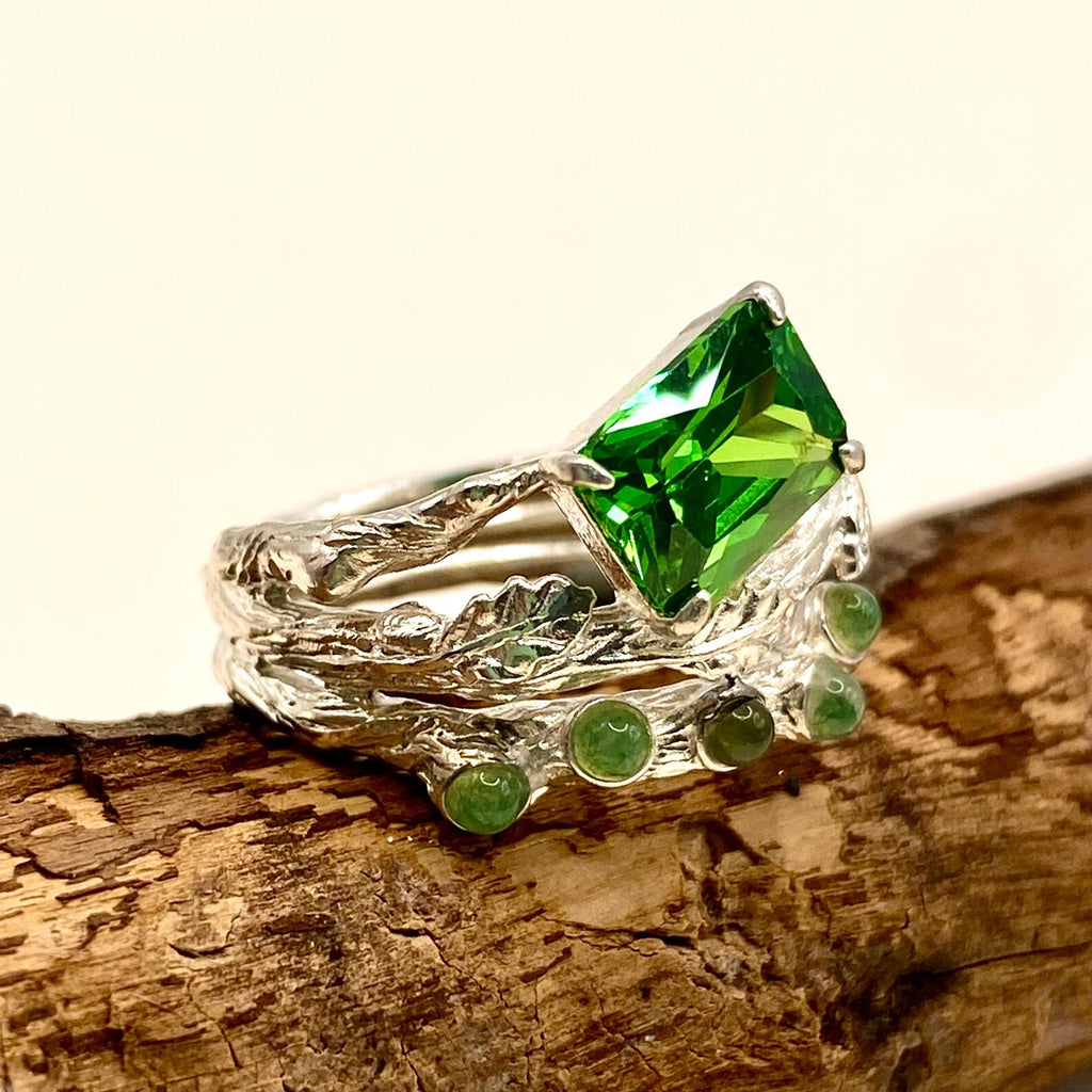 Moss Agate Sterling Silver Oak Leaf Ring
