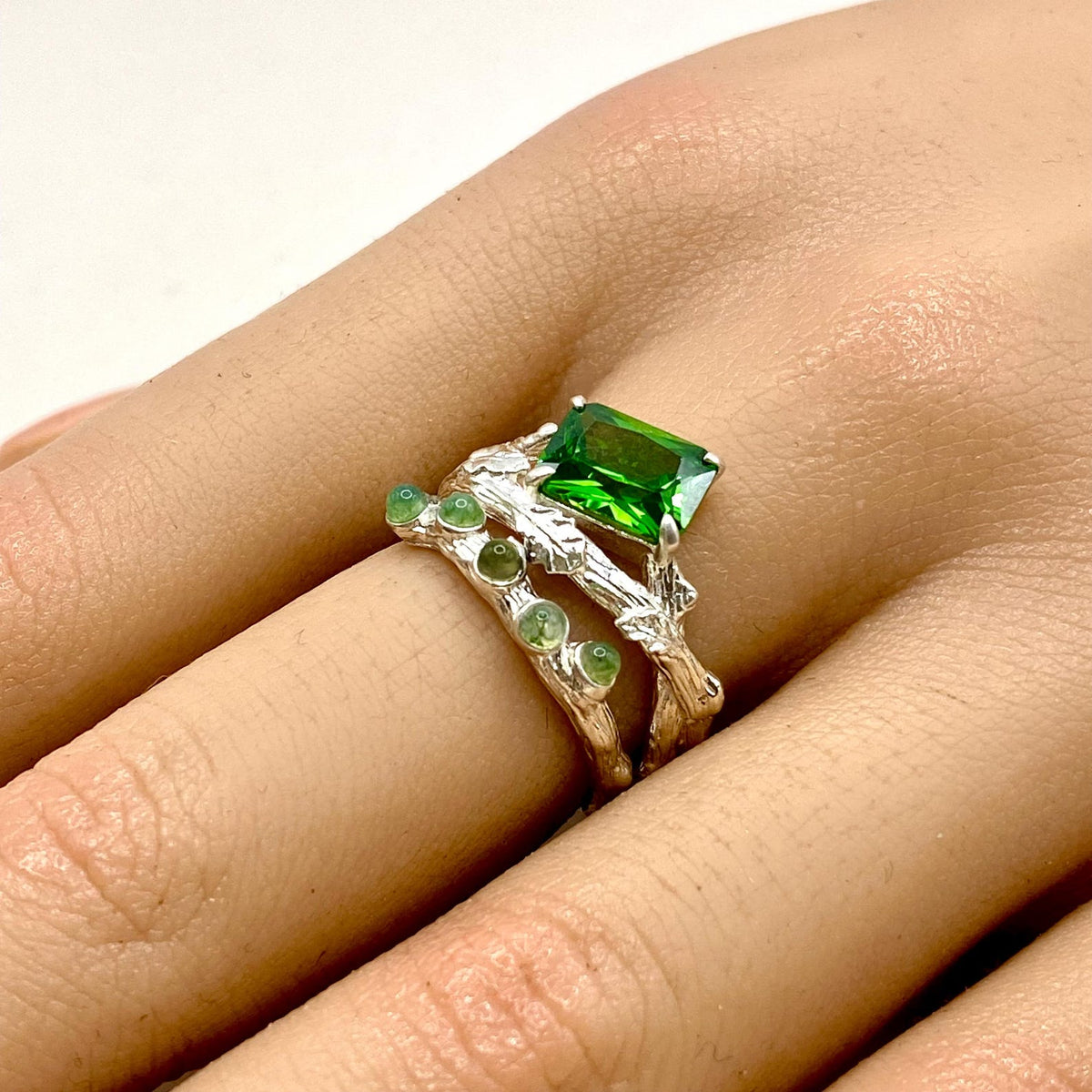 Moss Agate Sterling Silver Oak Leaf Ring