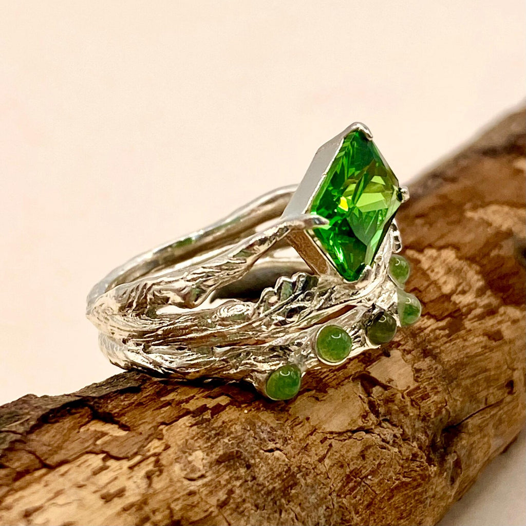 Moss Agate Sterling Silver Oak Leaf Ring
