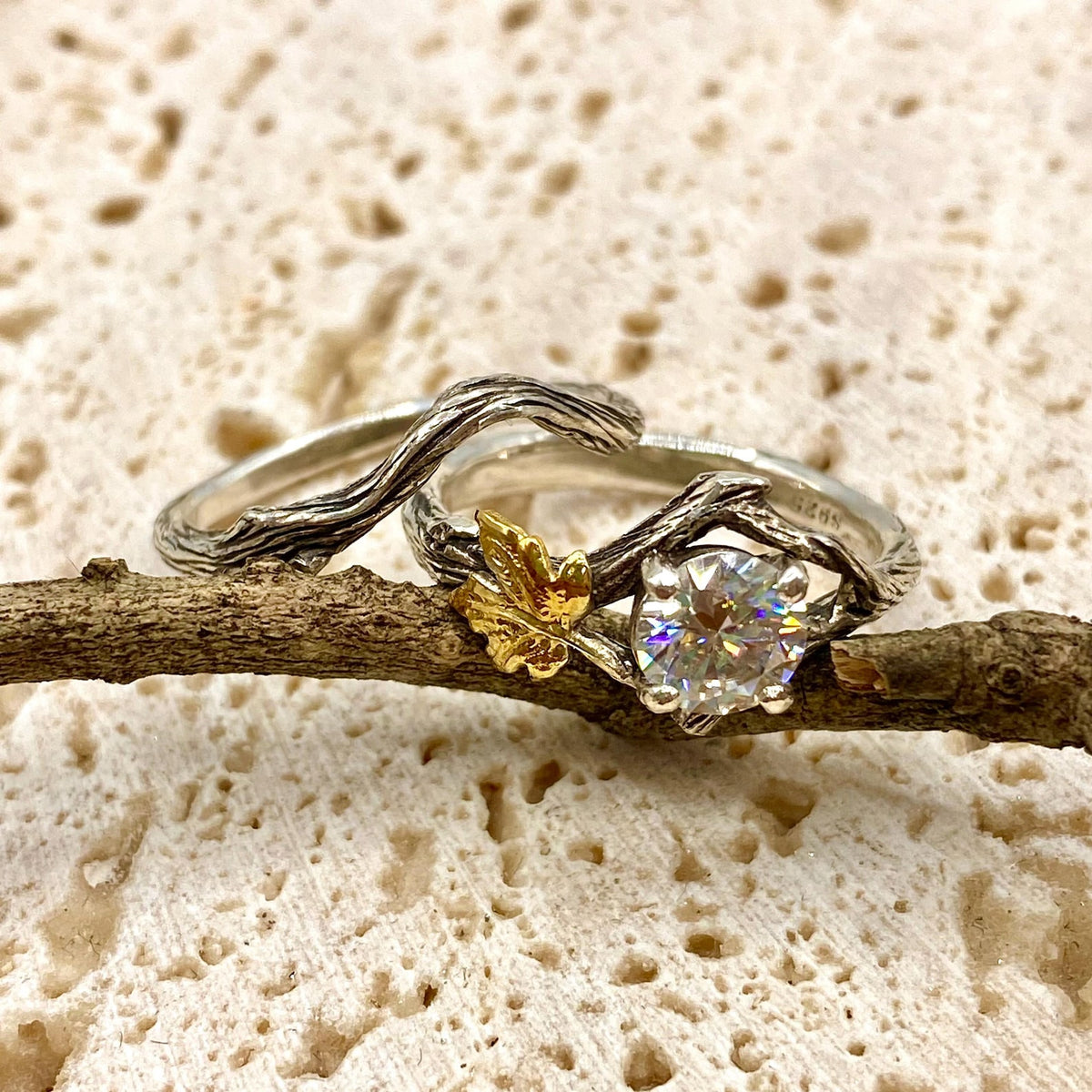 Moissanite Sterling Silver Maple Leaf Ring