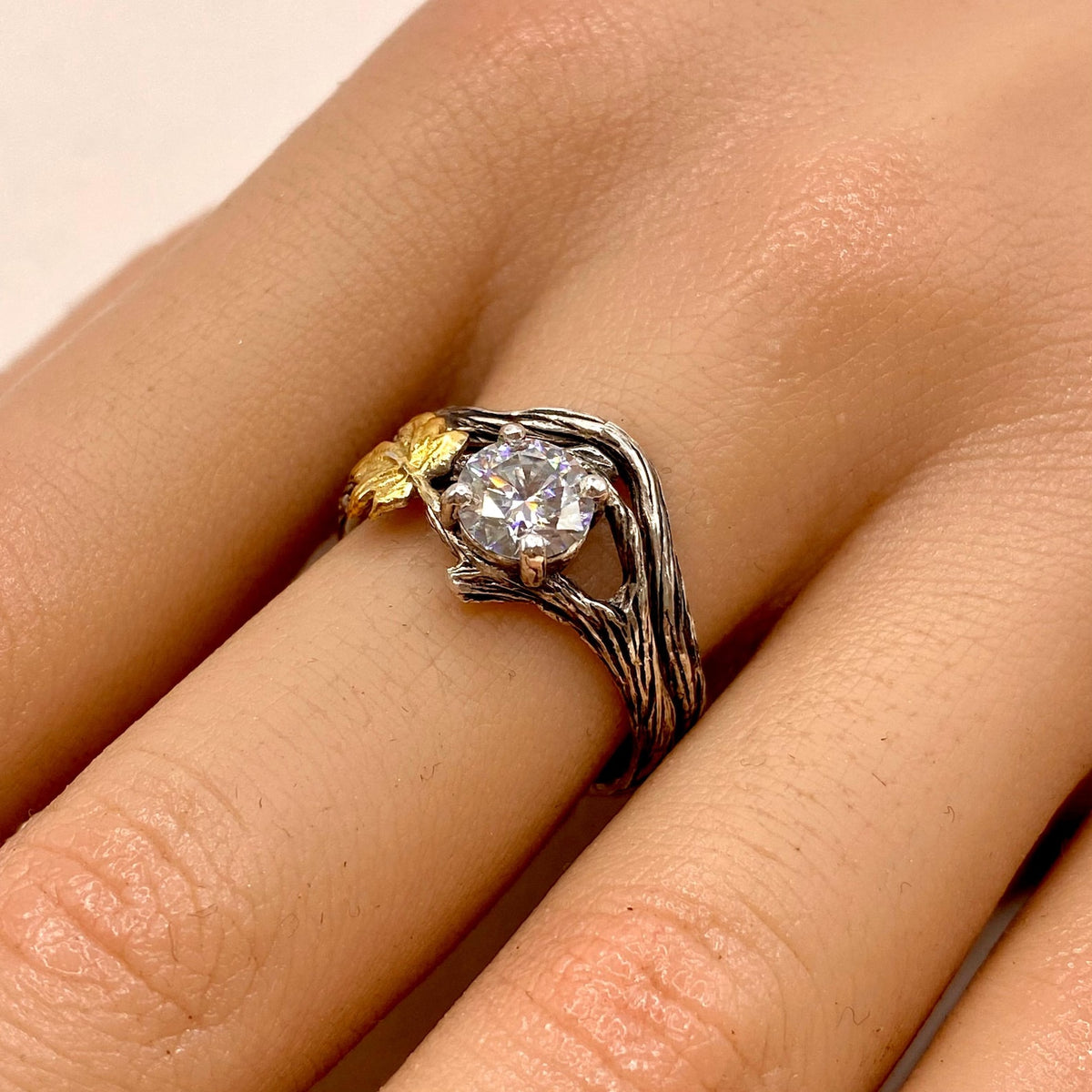 Moissanite Sterling Silver Maple Leaf Ring