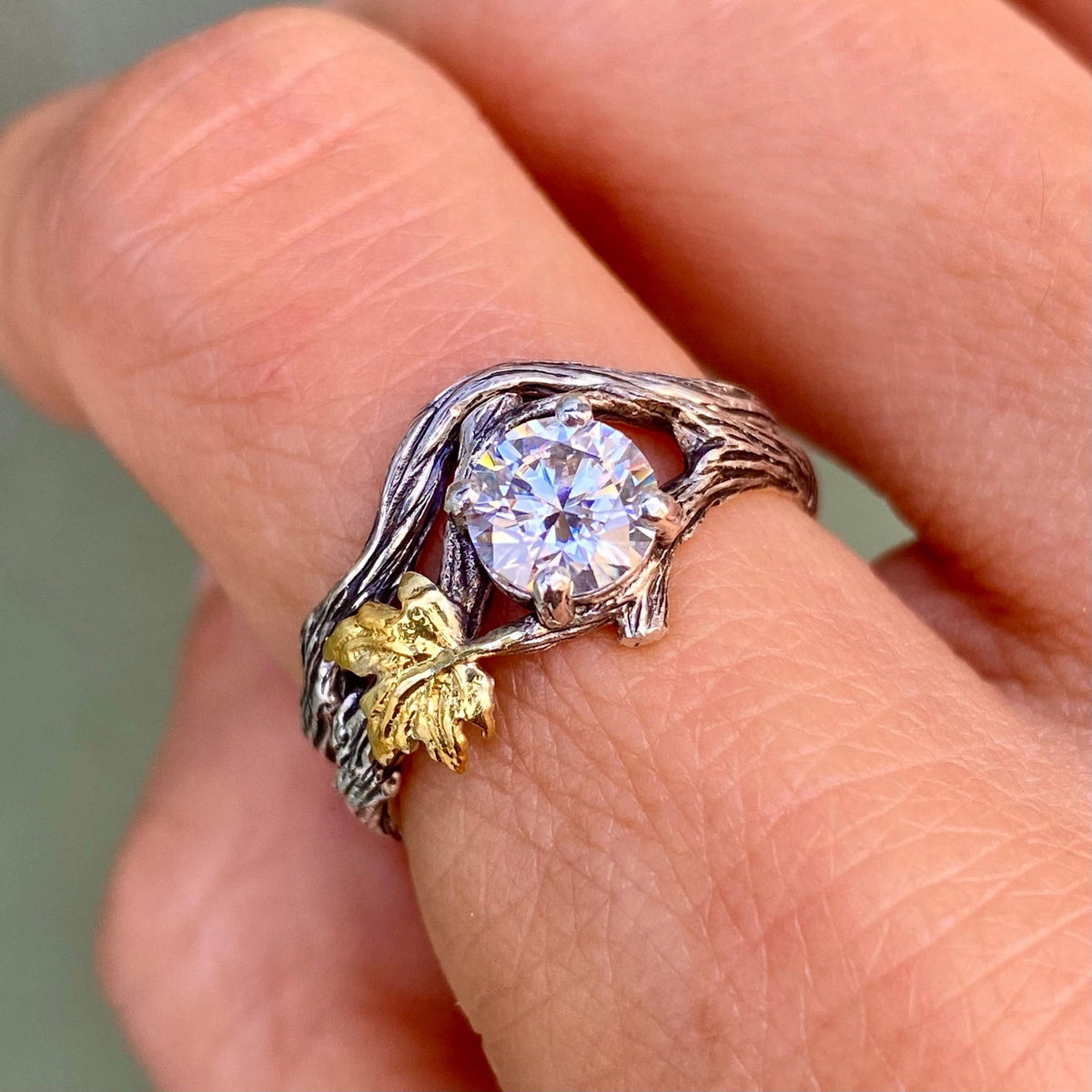 Moissanite Sterling Silver Maple Leaf Ring