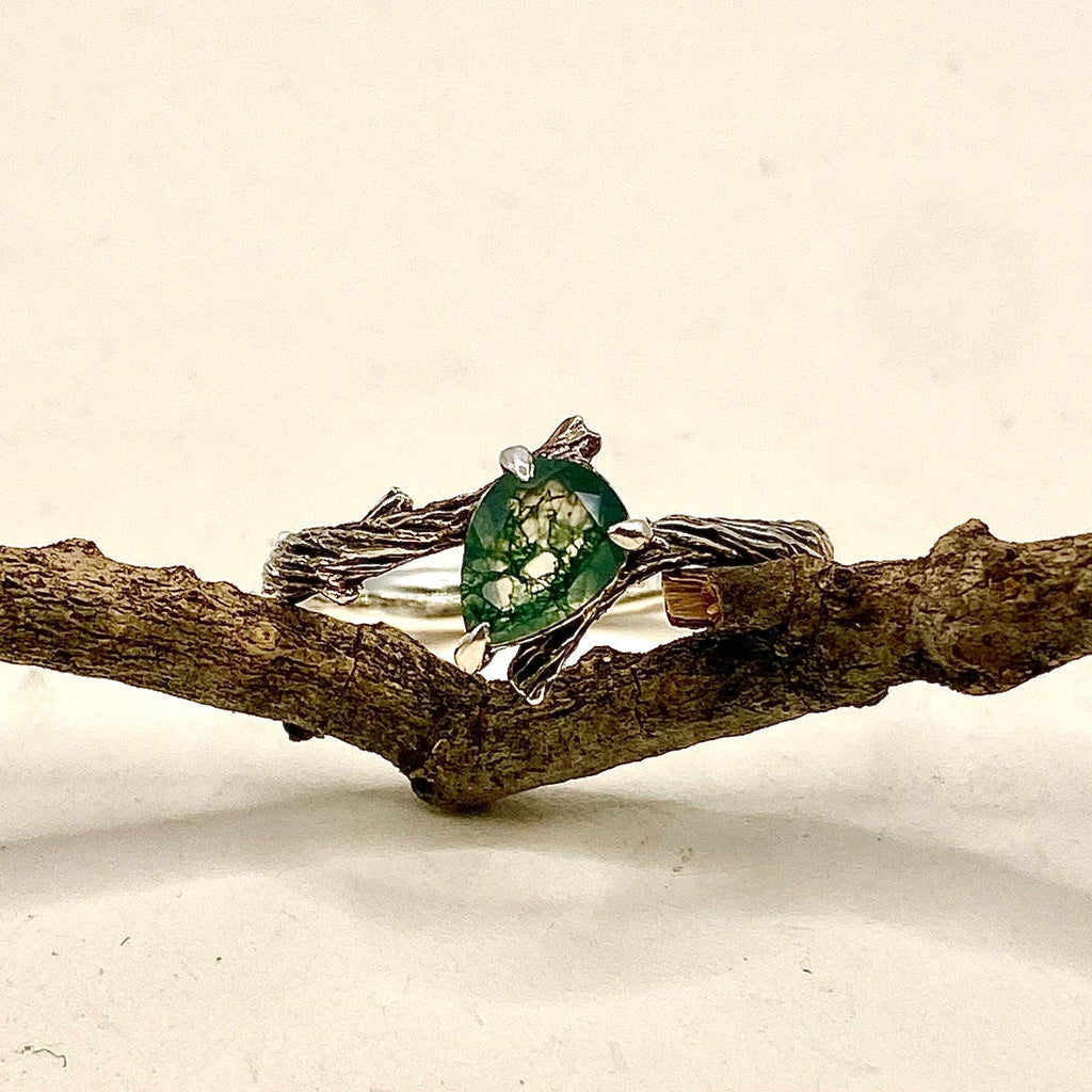 Moss Agate Sterling Silver Twig Ring