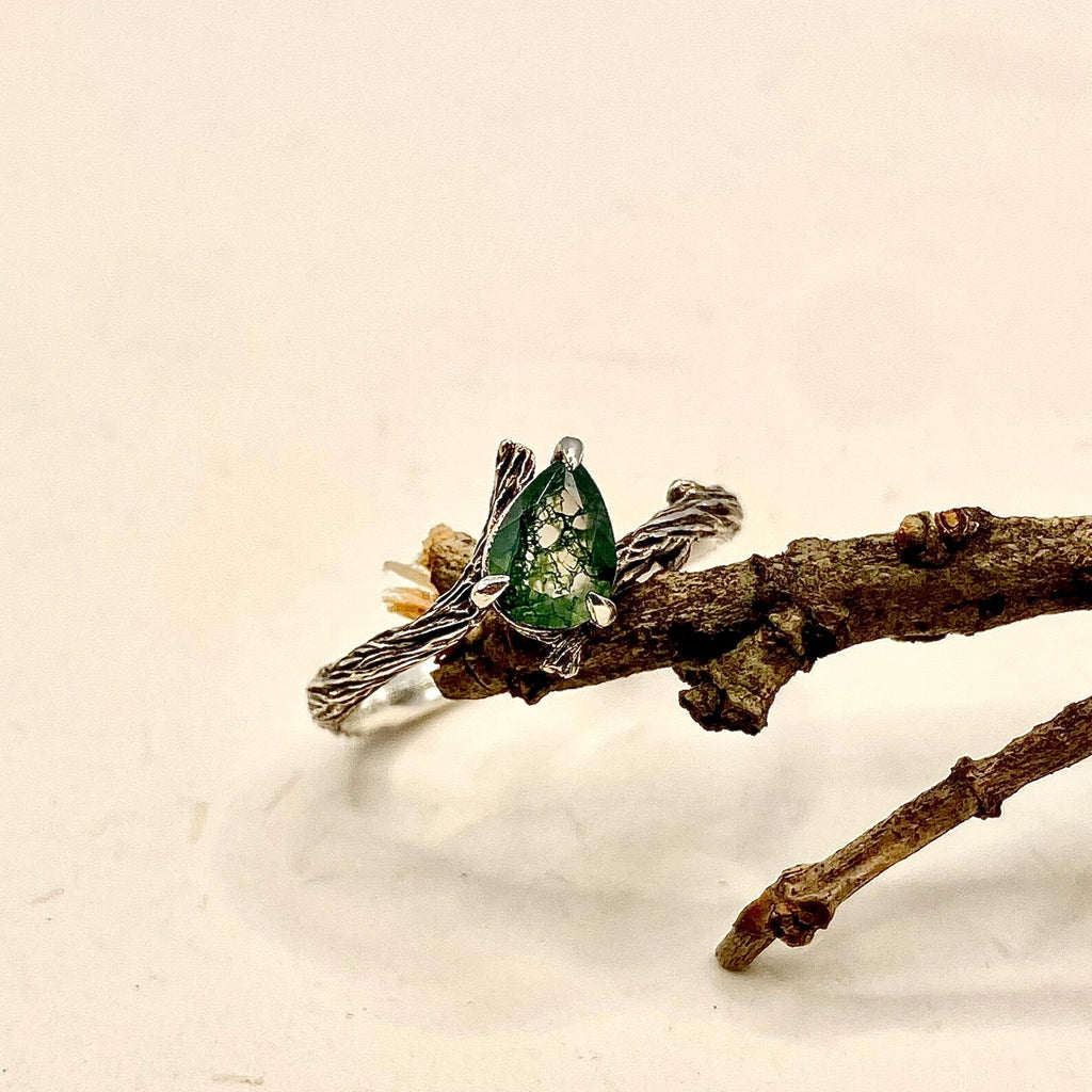 Moss Agate Sterling Silver Twig Ring