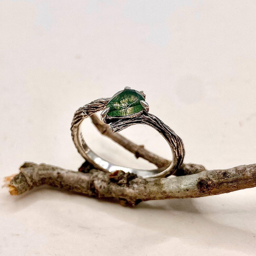 Moss Agate Sterling Silver Twig Ring