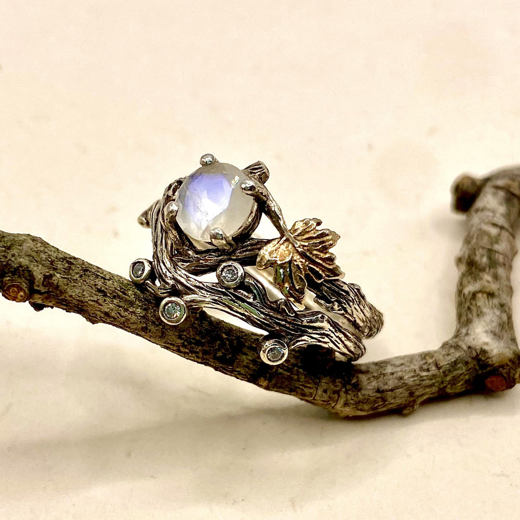 Moonstone Sterling Silver Maple Leaf Ring Set