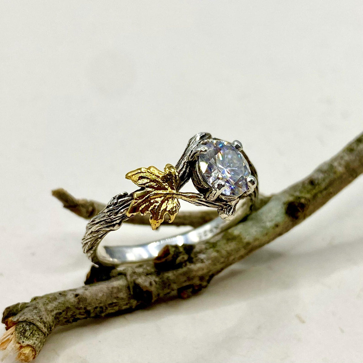 Moissanite Sterling Silver Maple Leaf Band