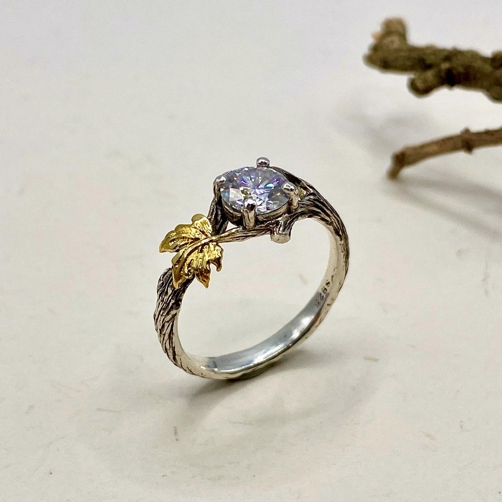 Moissanite Sterling Silver Maple Leaf Band