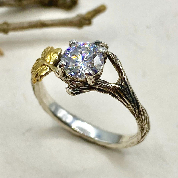 Moissanite Sterling Silver Maple Leaf Band