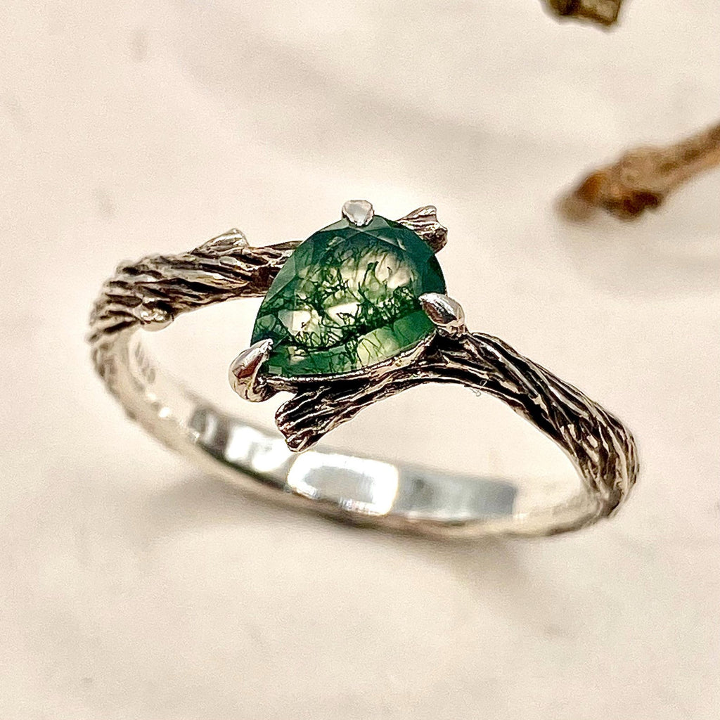 Moss Agate Sterling Silver Twig Ring