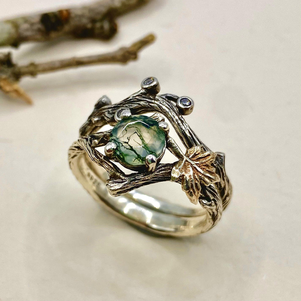 Moss Agate Sterling Silver Twig Ring Set
