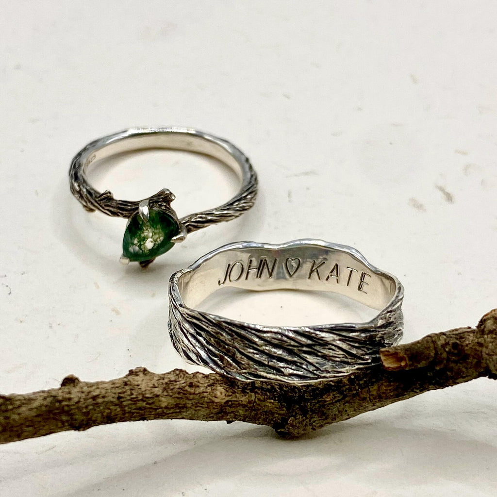 Moss Agate Fine Silver Twig Ring Set